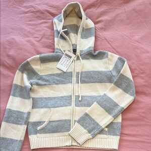 Brandy Melville Striped Zip Hoodie - Cream & Light Gray